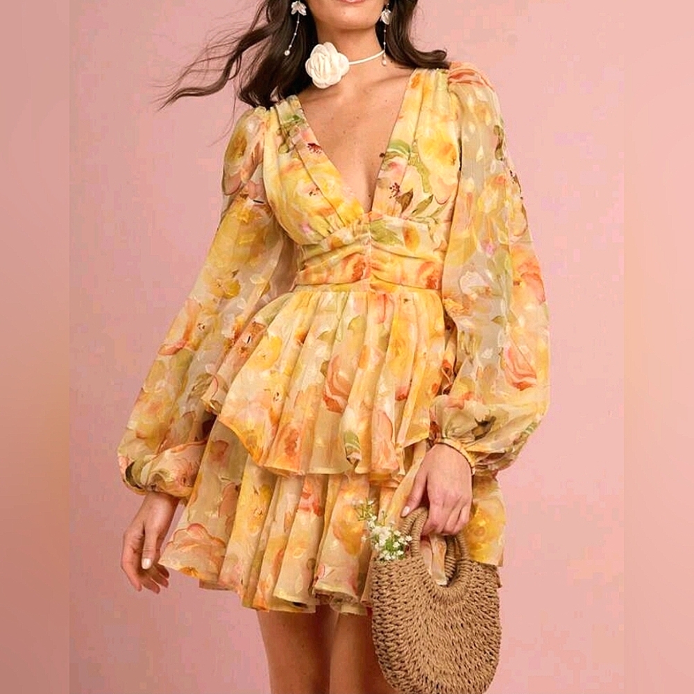 New Flowy Floral Mini Dress Bishop Long Sleeve Tiered Ruffle Yellow Green Orange